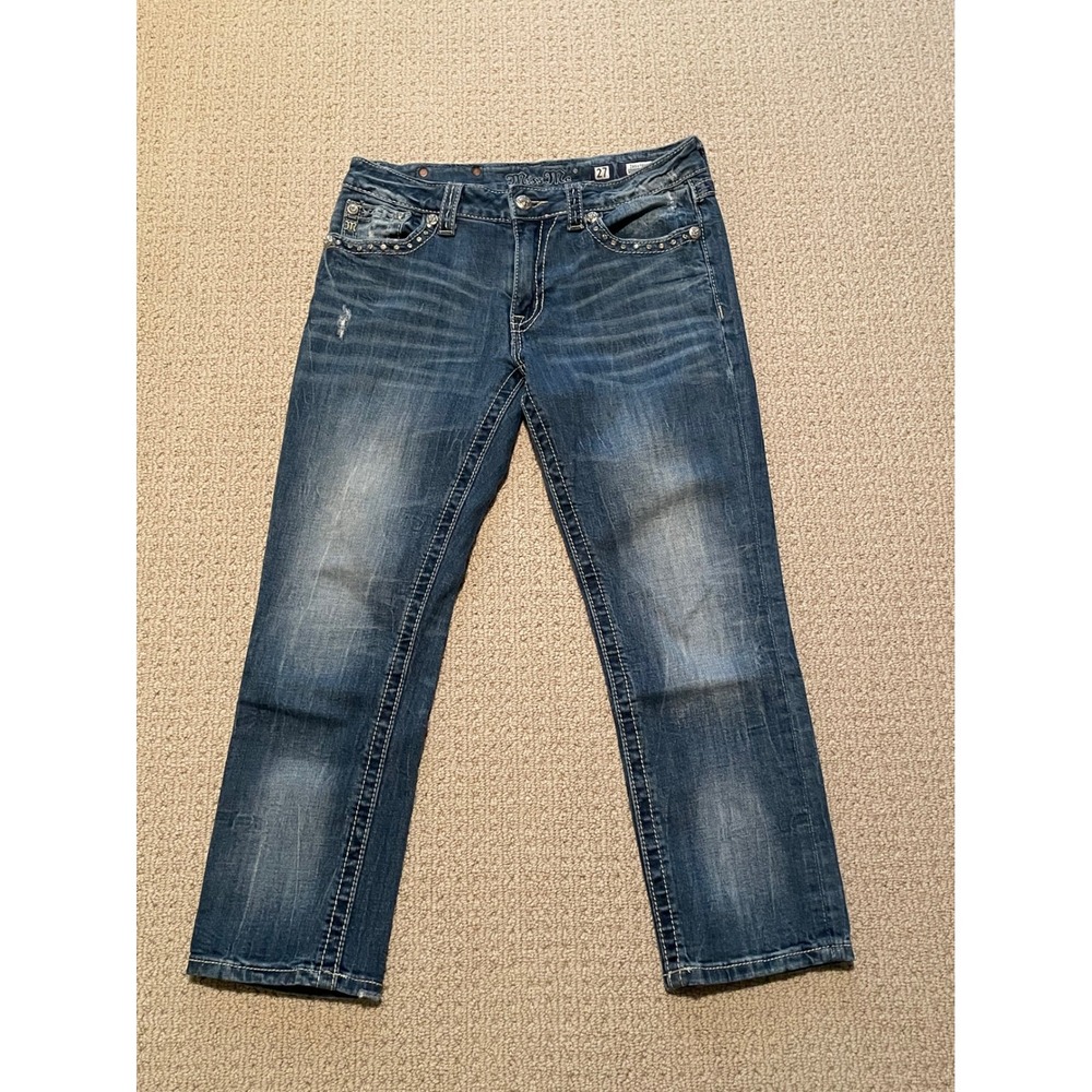 Miss Me Boyfriend Capri Jeans Medium Wash Rhinestone Flap Pocket JB5078P6 Sz 27